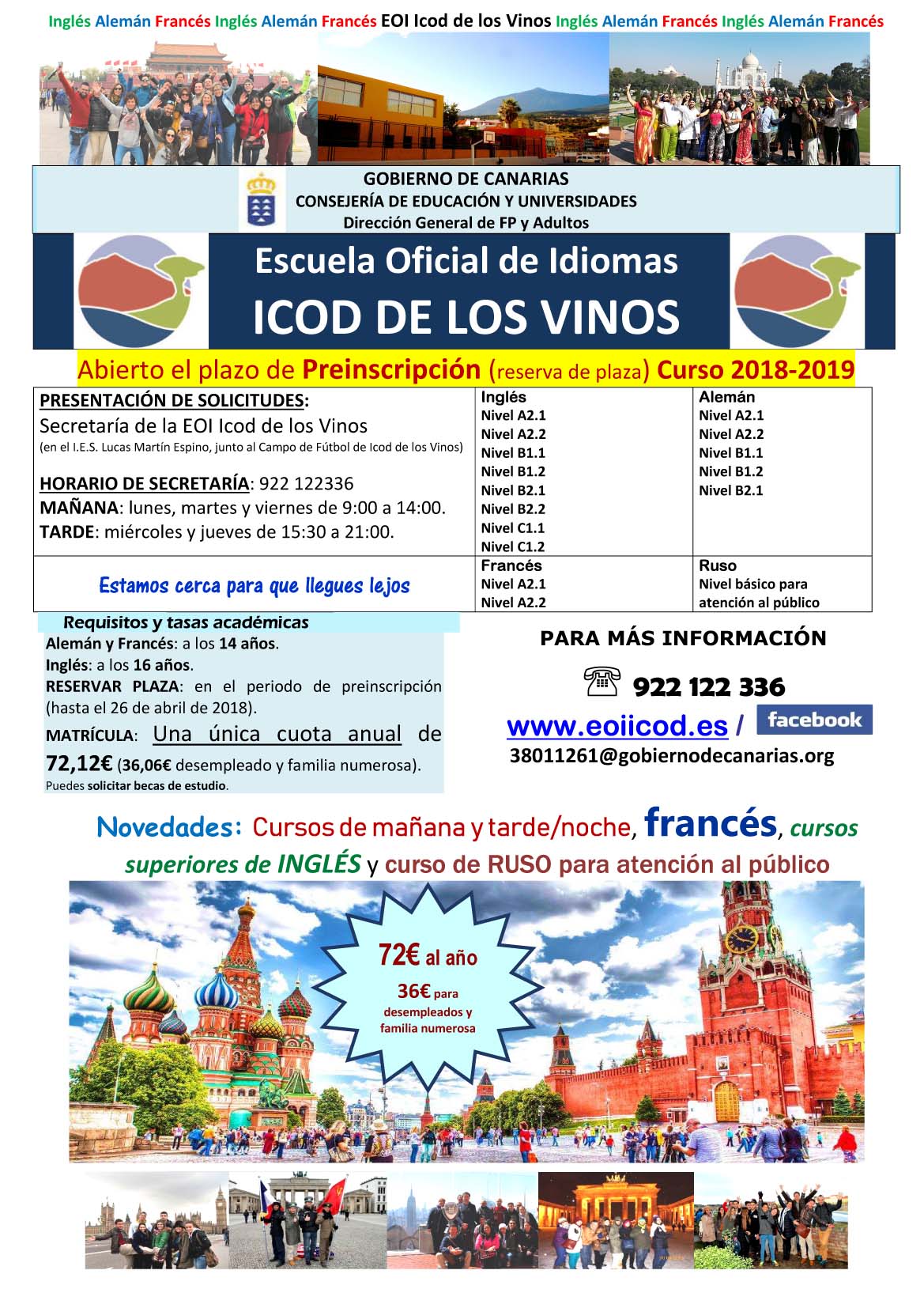 Escuela Oficial de Idiomas de Icod - Cartel Preinscripción abril 2018